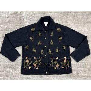 Crystal Kobe Sweater Womens Medium Black Knit Cardigan Leaves‎ Grandmacore